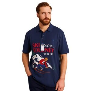 Polo Ralph Lauren Men 4XLT Navy Blue Ski Tourney Winter Event Graphic Polo Shirt